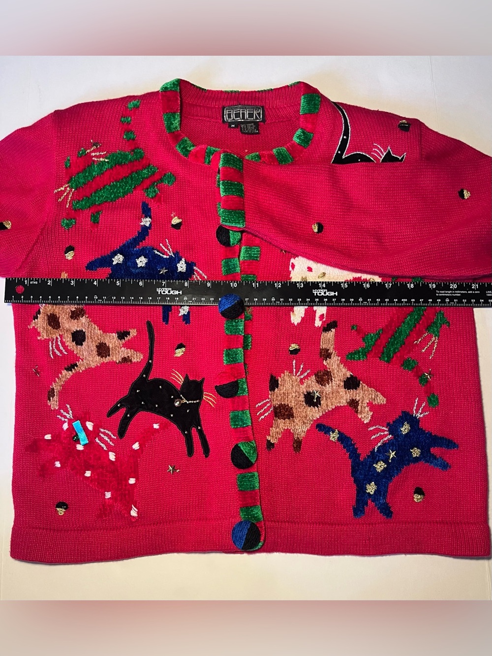 VTG 90s Berek Red Leaping Cats Beaded Cardigan Sweater Size Medium Grannycore - Picture 7 of 9